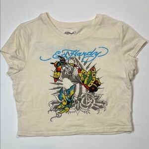 Ed Hardy Cream Crop Top with Colorful Butterfly Design